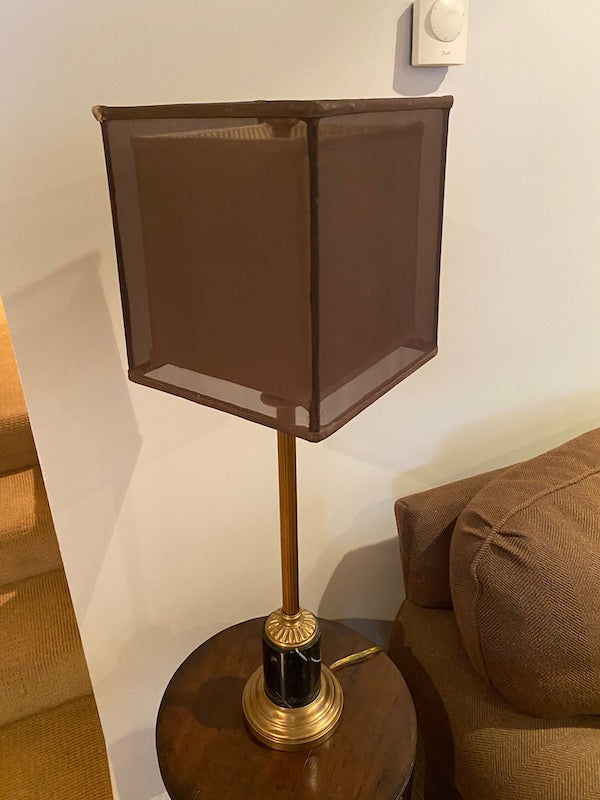 Pair of Brass & Black Marble Table Lamps with Brown Shades- from ELTE