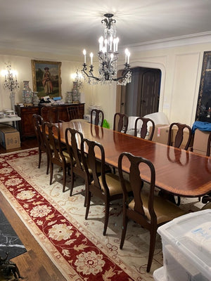 Beautiful Double Pedestal Dining Table + 12 Custom Made Wood/Leather Dining Chairs