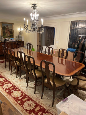 Beautiful Double Pedestal Dining Table + 12 Custom Made Wood/Leather Dining Chairs