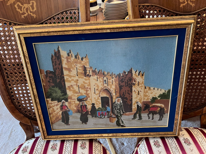 Gold Framed Needlepoint- Old Town Village