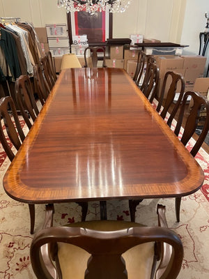 Beautiful Double Pedestal Dining Table + 12 Custom Made Wood/Leather Dining Chairs
