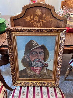 Gold Framed Needlepoint- Fisherman with Pipe