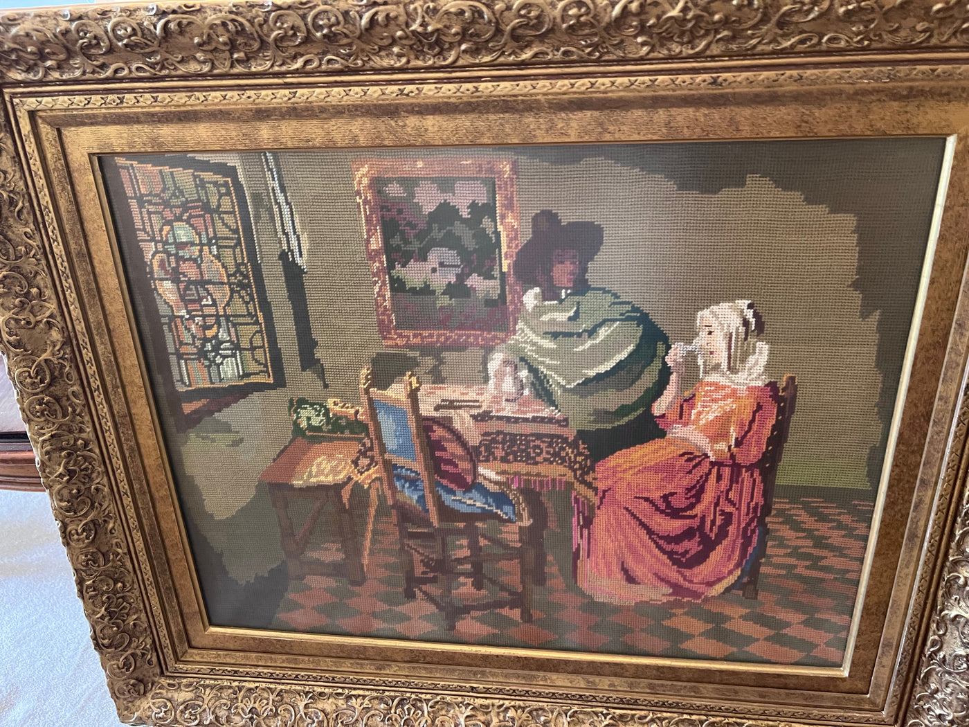 Vintage Cross Stitch Tapestry French Estate -Fragonard 15x20 COUPLE Gold  Frame