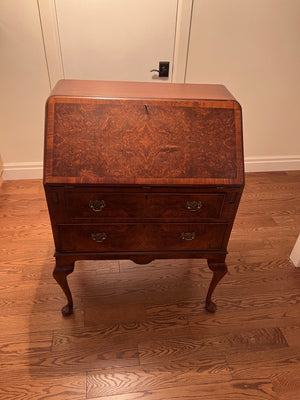 Antique Burled Wood English Made, Drop Front Writing Desk