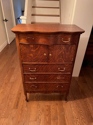 Antique Oak Wood Highboy Dresser on Casters