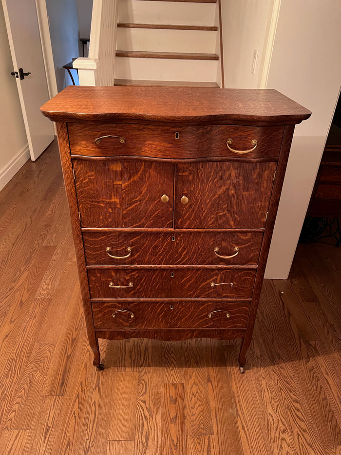 Antique Oak Wood Highboy Dresser on Casters