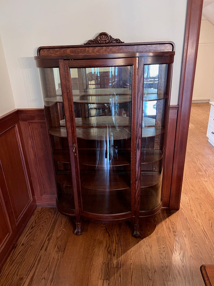 Antique Demilune Oak Display Cabinet w/Clawed Feet