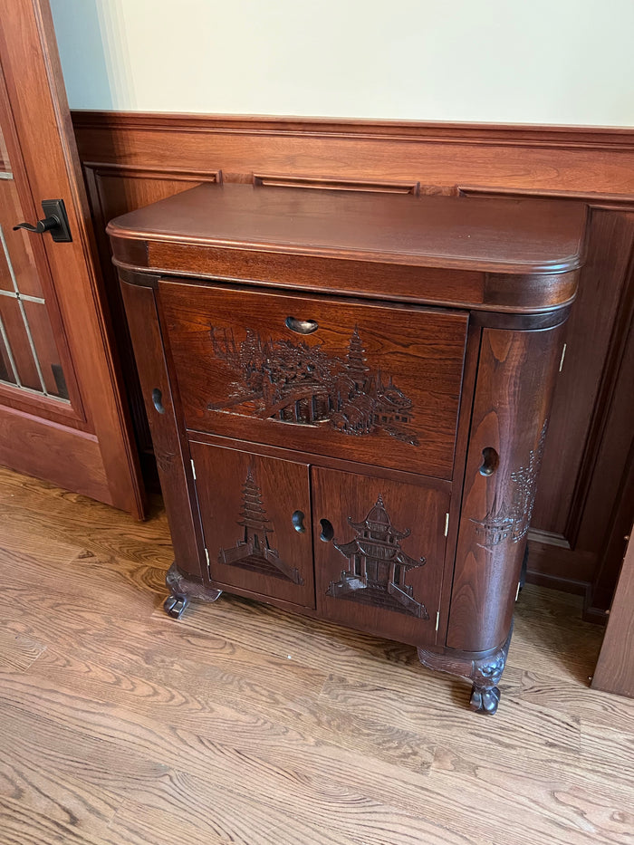 Antique Hand Carved Oriental Bar Cabinet