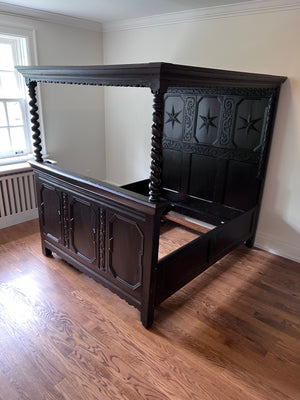 VERY UNIQUE Black Antique Jacobean Four-Poster Bed with Canopy (Double)