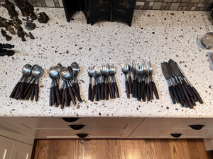 Mid Century Modern Japanese Stainless, Dark Teak Handle- Fjord Design Flatware Set (Service for 12)