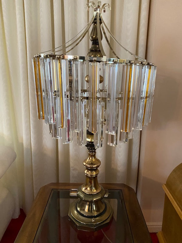 Pair of Vintage Brass Table Lamps with Crystal Hanging Pendants