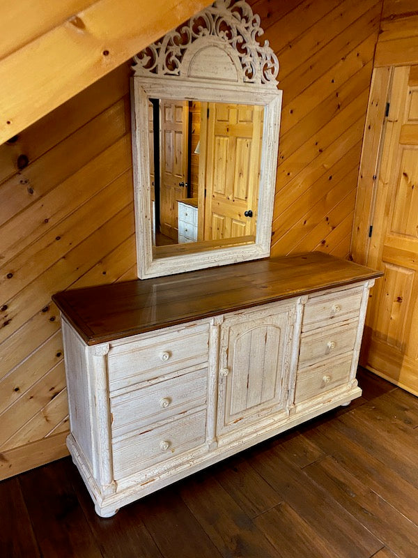 "Drexel Heritage" White Distressed Dresser with Mirror