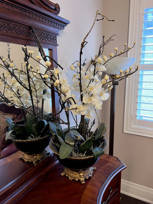 Black and Gold Planter with Faux Orchid