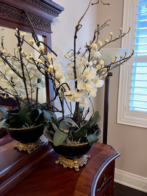Black and Gold Planter with Faux Orchid