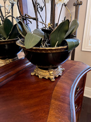 Black and Gold Planter with Faux Orchid