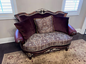 Beautiful Settee- Brown Leather Arms, Velvet Back, Carved Wood Frame