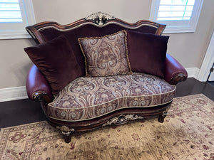 Beautiful Settee- Brown Leather Arms, Velvet Back, Carved Wood Frame