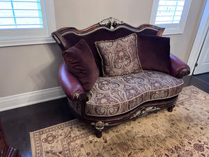 Beautiful Settee- Brown Leather Arms, Velvet Back, Carved Wood Frame
