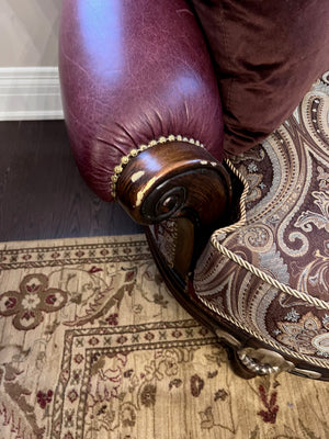 Beautiful Settee- Brown Leather Arms, Velvet Back, Carved Wood Frame