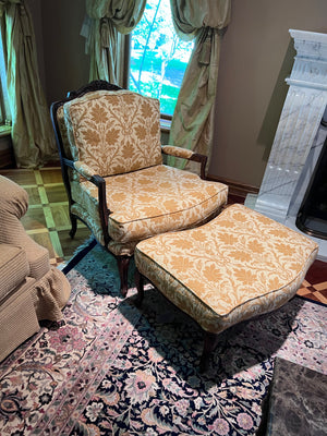 Large Berge Chair + Ottoman, Gold Design w/Wood Carved Frame