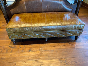 Leather Bench, Inlaid Design, Studded Trim