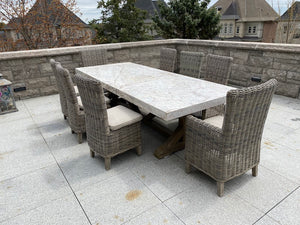 Restoration Hardware Teak Rectangular Dining Table, Custom Granite Top + 8 Majorca Chairs