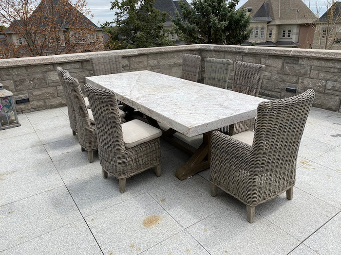 Restoration Hardware Teak Rectangular Dining Table, Custom Granite Top + 8 Majorca Chairs