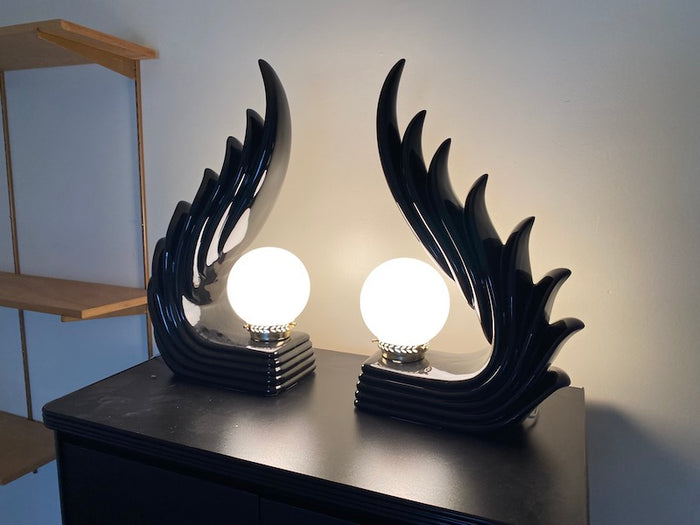 Pair of MCM Art Deco Ceramic Wave Table Lamps