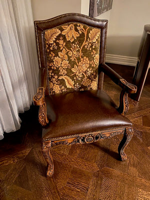 2 Brown Leather Armchairs, Wood Carved Frame