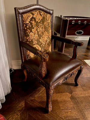 2 Brown Leather Armchairs, Wood Carved Frame