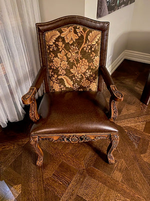2 Brown Leather Armchairs, Wood Carved Frame