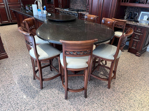 6 Wood Counter Stools, Beige Leather Seats