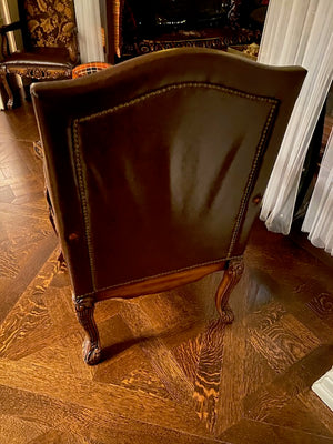 2 Brown Leather Armchairs, Wood Carved Frame