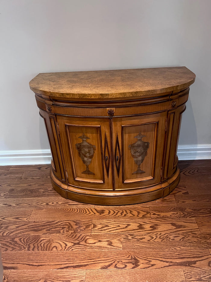 Ornate Demilune Table, Painted Design with a Faux Marble Top