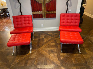 2 Mid Century Modern Red Leather Barcelona Chairs + Footstools