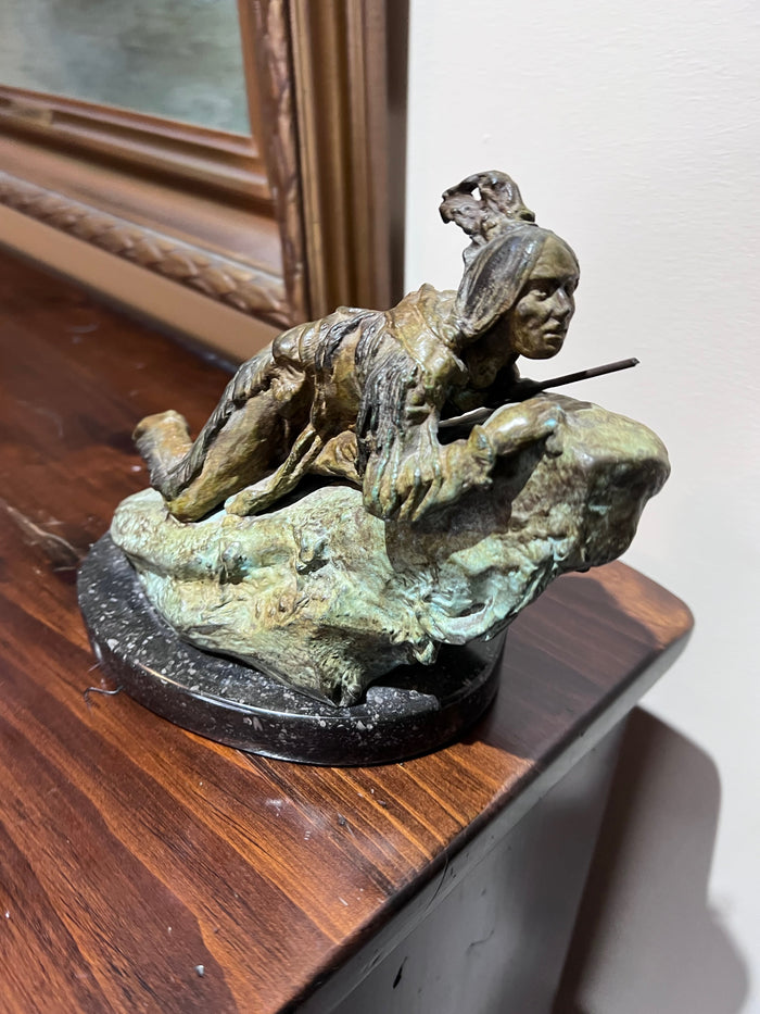 Carl Kauba Bronze Sculpture- 'Indian on Rock with Spear'