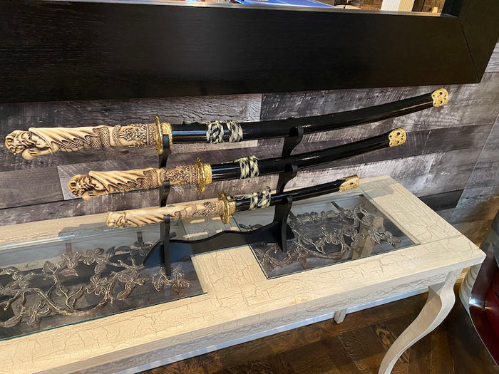 Set of 3 Steel Blade Samurai Swords on Stand, Decor