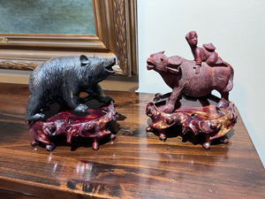 Bear and Bull Wood Figurines on Stands
