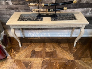 White Painted Wood Console Table, Glass & Metal Inserts