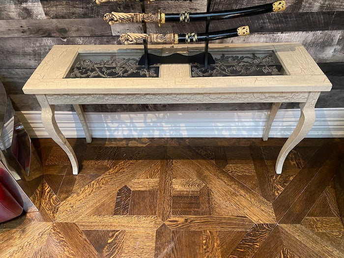White Painted Wood Console Table, Glass & Metal Inserts