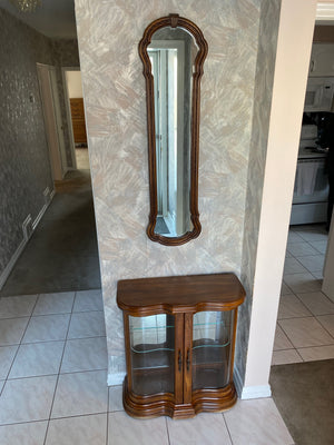 Small Wood Cabinet, Glass Shelving + Narrow Mirror