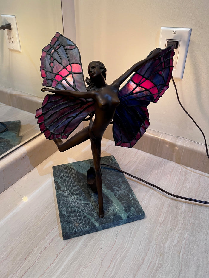 Tiffany Style Butterfly Dancer Lamp on Marble Base