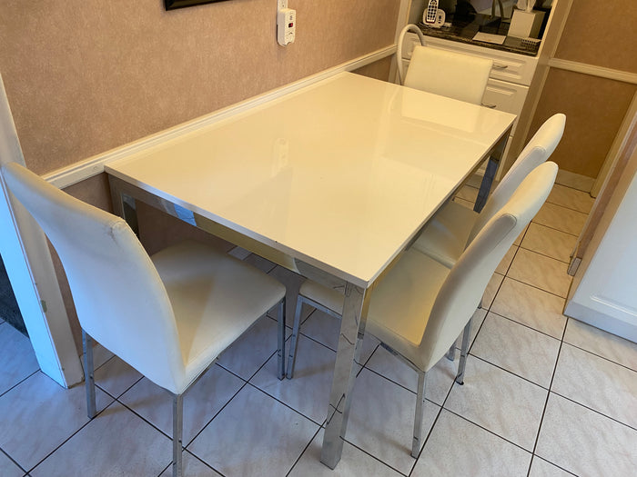White Lacquered Dining Table + 4 White Faux Leather Chairs