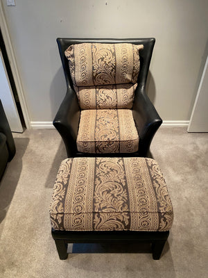 Black Leather + Upholstered Armchair + Ottoman