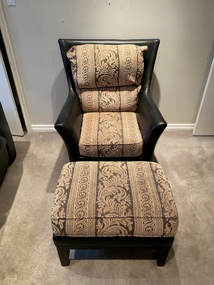 Black Leather + Upholstered Armchair + Ottoman