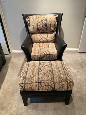 Black Leather + Upholstered Armchair + Ottoman