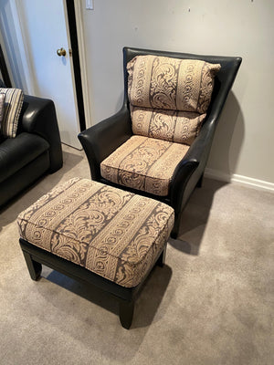 Black Leather + Upholstered Armchair + Ottoman