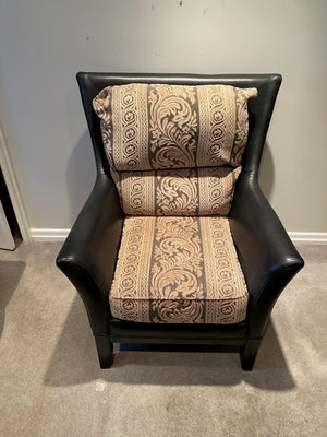 Black Leather + Upholstered Armchair + Ottoman