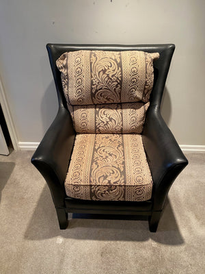 Black Leather + Upholstered Armchair + Ottoman