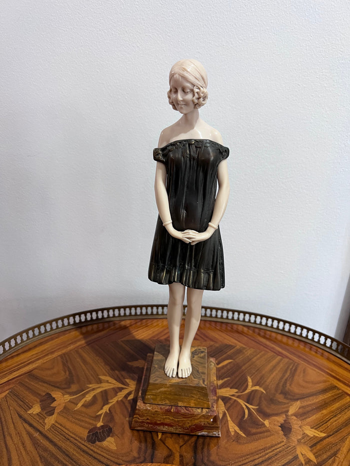 Bronze and Ivory Sculpture- "Girl in Dress"- Unsigned